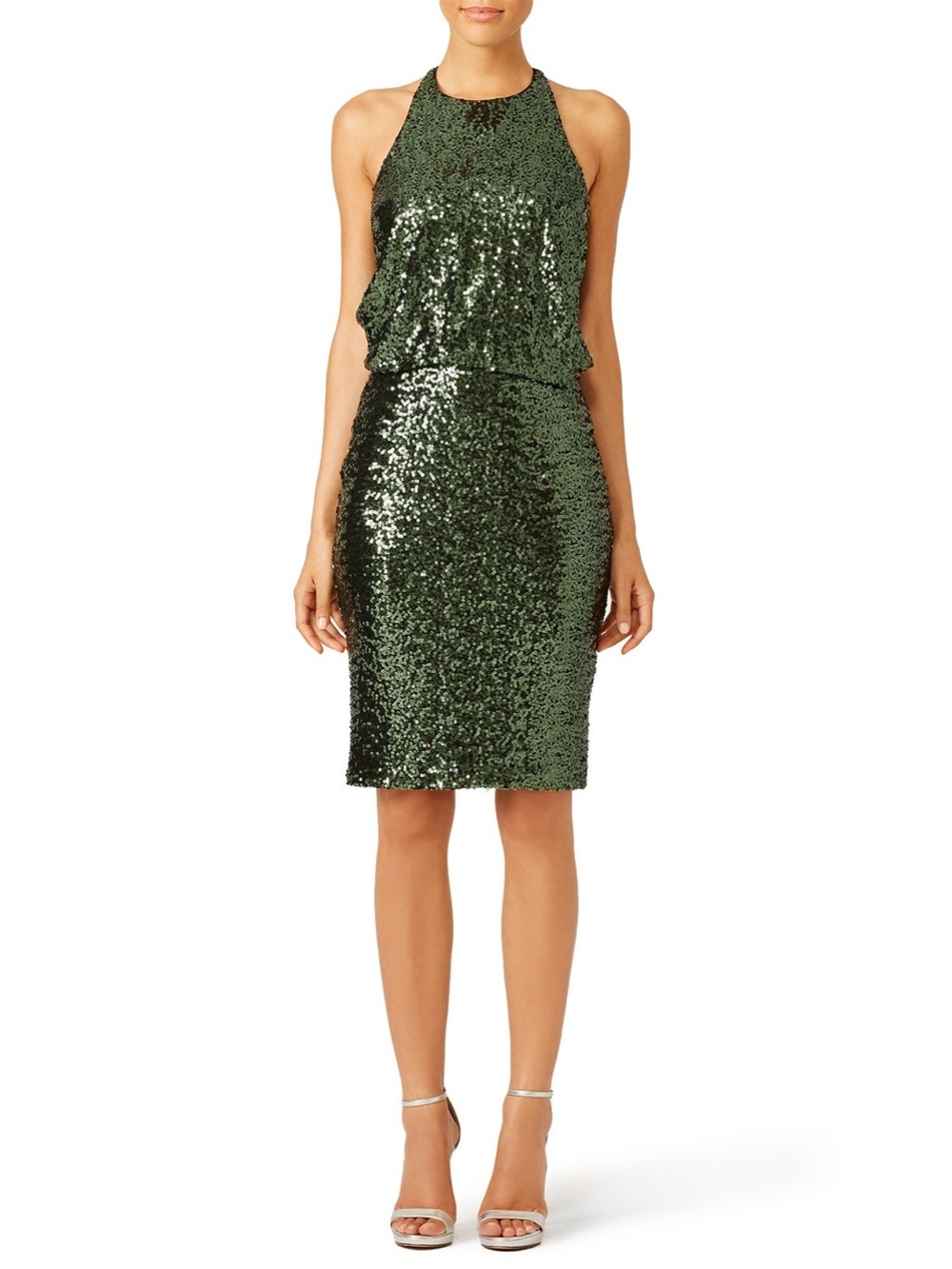 Badgley Mischka Evergreen Sequin Halter Sleeveless Knee Length Cocktail Dress 2